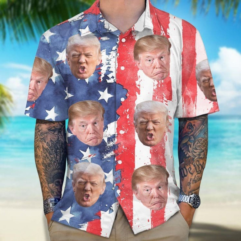 Custom Trump Face Photo With Us Flag Hawaii Shirt 62487, Summer Beach Trump Shirt