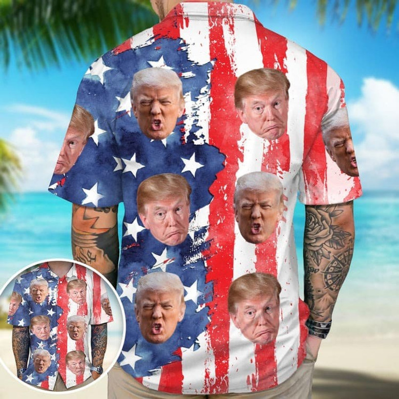 Custom Trump Face Photo With Us Flag Hawaii Shirt 62487, Summer Beach Trump Shirt