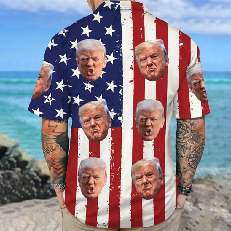 Custom Trump Face Photo With Us Flag Hawaii Shirt 62487, Summer Beach Trump Shirt