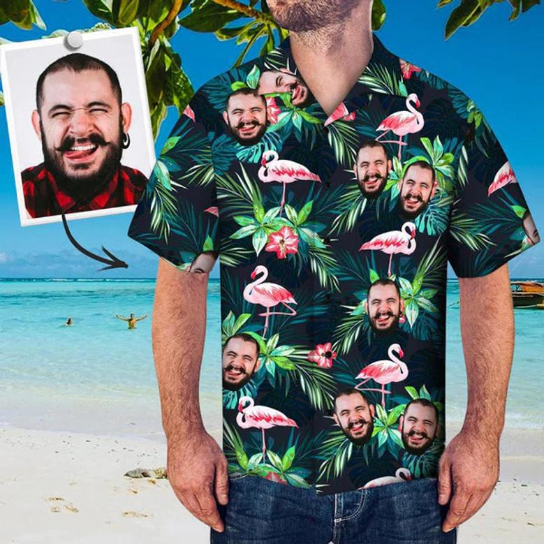 Custom Upload Image Face Flamingo and Leaf Pattern Hawaiian Shirt, Shirt for Men hot Family