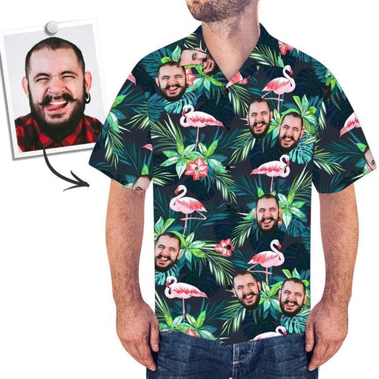 Custom Upload Image Face Flamingo and Leaf Pattern Hawaiian Shirt, Shirt for Men hot Family