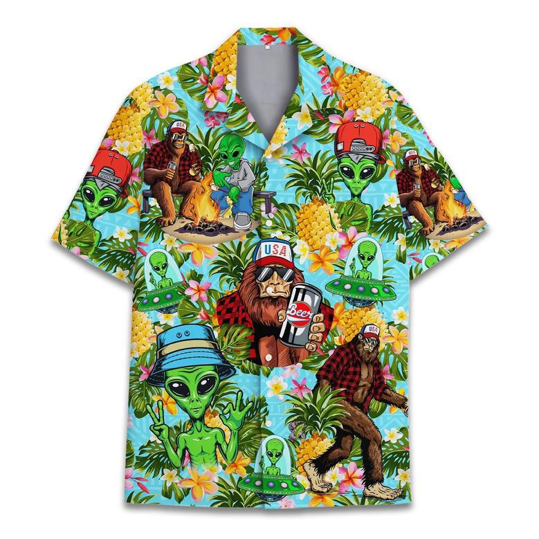 Customized Alien Bigfoot Hawaiian Shirt for Men, Tropical Bigfoot Hawaiian Shirt for Husband