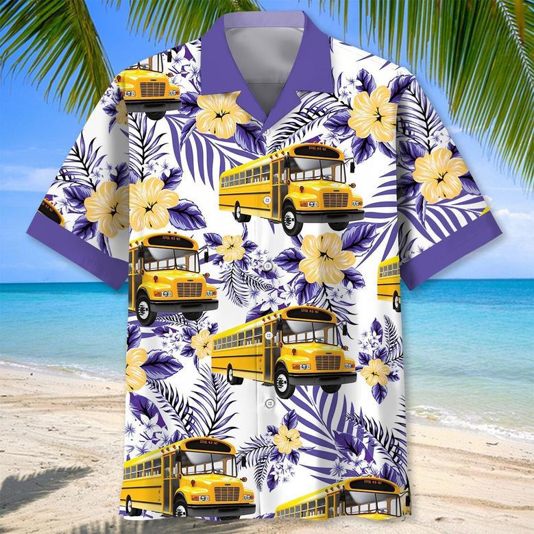 Customized School Bus Tropical Hawaiian Shirt for Men, School Bus Drivers Summer Vibes Hawaiian Shirt