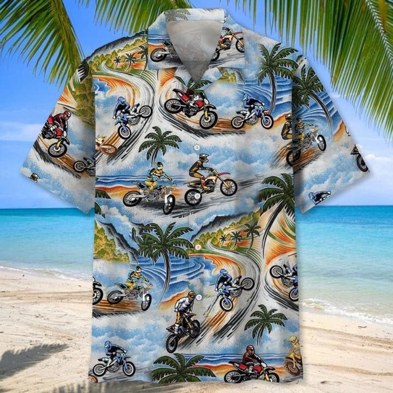 Dirt Bike Vintage Art Hawaiian Shirt for Men, Motocross Dirt Bike Race Day Tropical Hawaiian Shirt