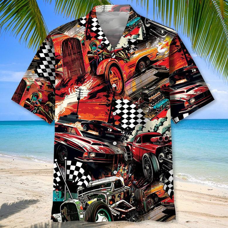 Drag Racing Retro Red Hawaiian Shirt for Racer, Drag Racing Summer Vibes Tropical Hawaiian Shirt