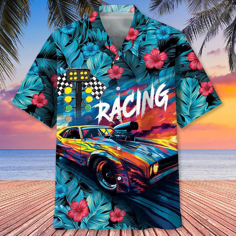 Drag Racing Retro Red Hawaiian Shirt for Racer, Drag Racing Summer Vibes Tropical Hawaiian Shirt