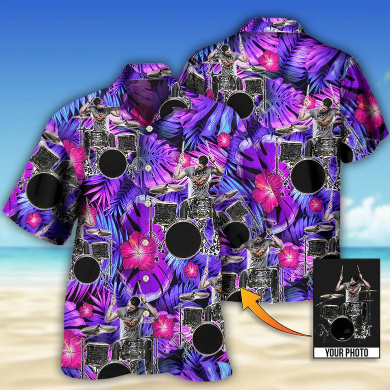 Drum Purple Tropical Style Custom Photo Hawaiian Shirt , Idea Gift for Drummer