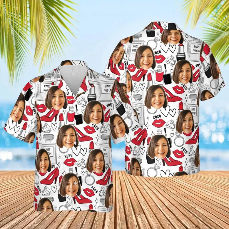 Fashion Design Hawaiian Custom Photo Face Summer Shirt Beach Hawaiian Casual Button Down Short Sleeve Hawaiian Shirt, Gift for Her in Summer