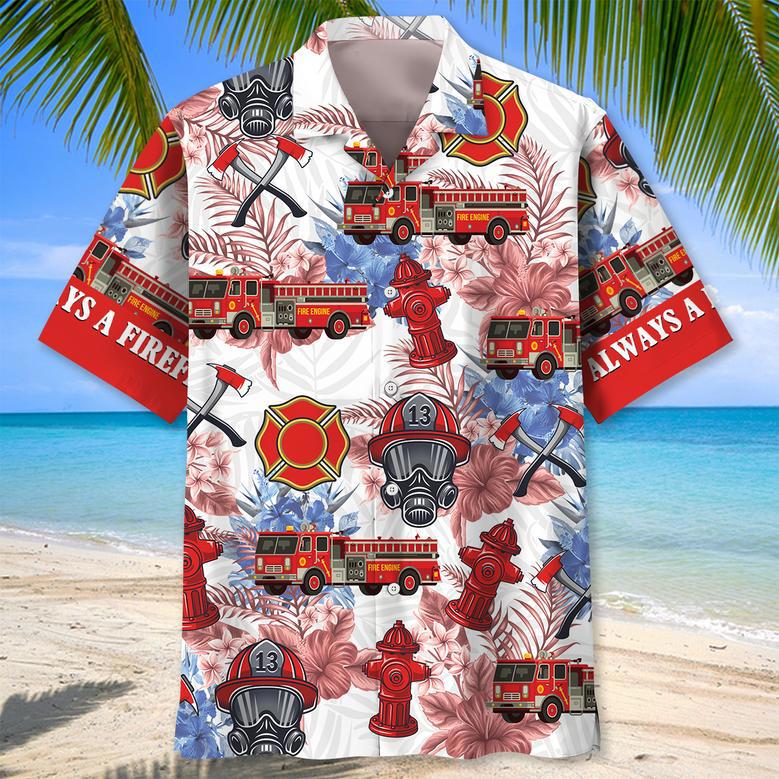 Fire Truck of July Hawaiian Shirt for Firefighter, Fireman Independence Day Firefighter Uniform Shirt