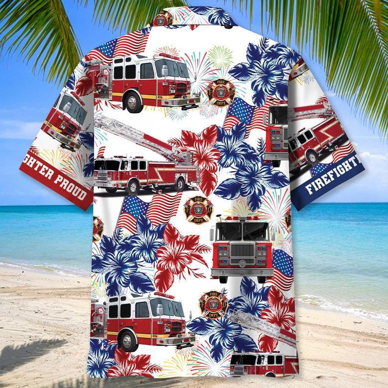 Fire Truck of July Hawaiian Shirt for Firefighter, Fireman Independence Day Firefighter Uniform Shirt