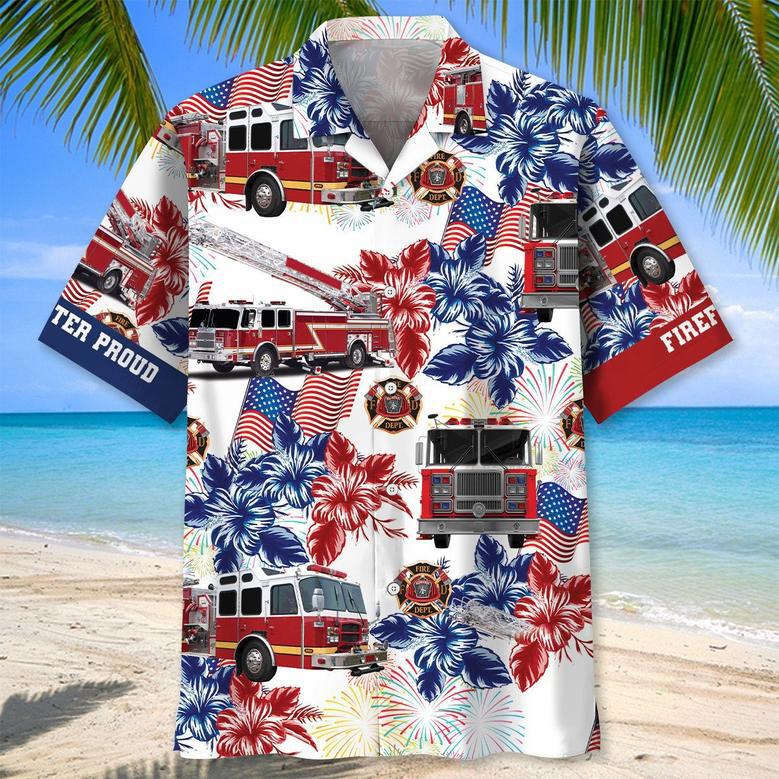 Fire Truck of July Hawaiian Shirt for Firefighter, Fireman Independence Day Firefighter Uniform Shirt