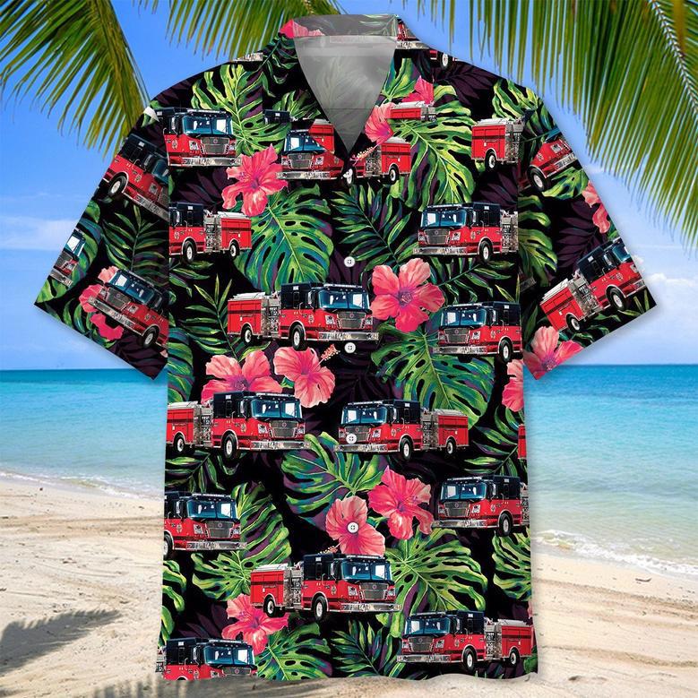 Firefighter Truck Hawaiian Shirt for Fireman, Firefighters Summer Aloha Firefighter Hawaiian Shirt