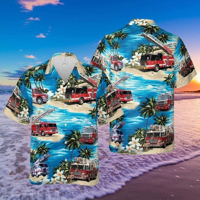 Firefighter Truck Hawaiian Shirt for Fireman, Firefighters Summer Aloha Firefighter Hawaiian Shirt