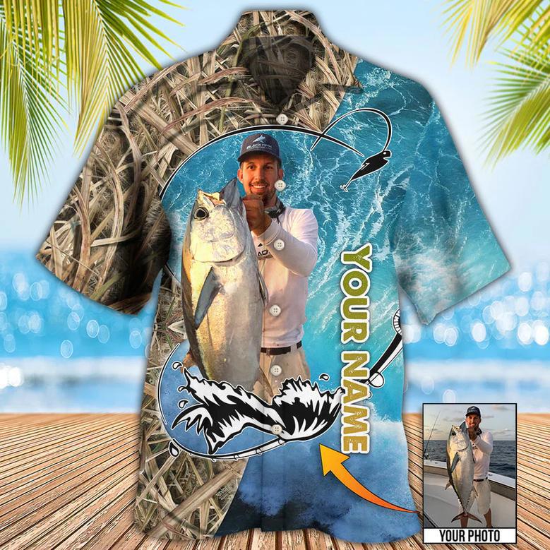 Fishing Blue Water Cool Custom Photo Personalized Hawaiian Shirt, Fishing Hobbies Hawaiian Shirt