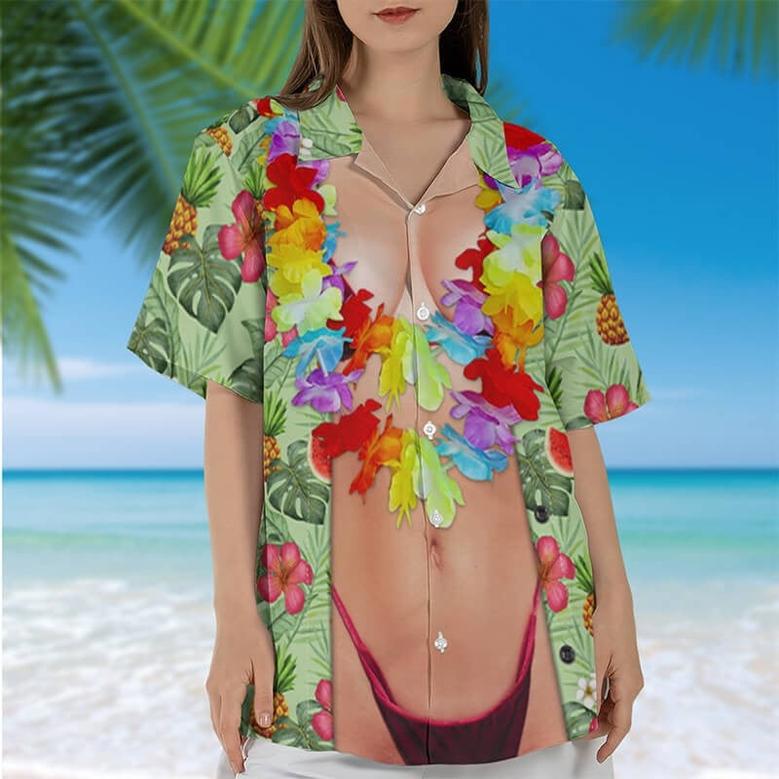 Funny Aloha Tropical Flowers Costume Girl Sexy Unisex Hawaiian Shirt, Women Body Pattern Summer Hawaiian Shirt