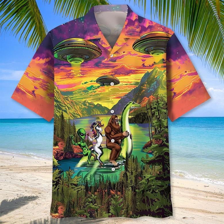 Funny Bigfoot Alien Riding Nessie Hawaiian Shirt for Men, Tropical Bigfoot Hawaiian Shirt for Husband