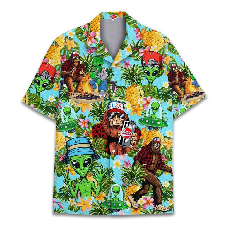 Funny Bigfoot Alien Riding Nessie Hawaiian Shirt for Men, Tropical Bigfoot Hawaiian Shirt for Husband