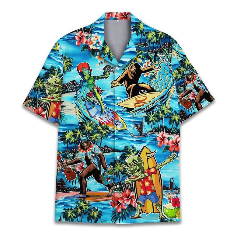 Funny Bigfoot Alien Riding Nessie Hawaiian Shirt for Men, Tropical Bigfoot Hawaiian Shirt for Husband