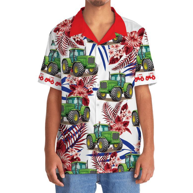 Green Tractor Red Flowers Tropical Hawaiian Shirt for Farmers, Men, Women Tractor Summer Beach Shirt