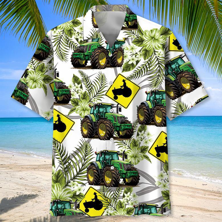 Green Tractor Red Flowers Tropical Hawaiian Shirt for Farmers, Men, Women Tractor Summer Beach Shirt