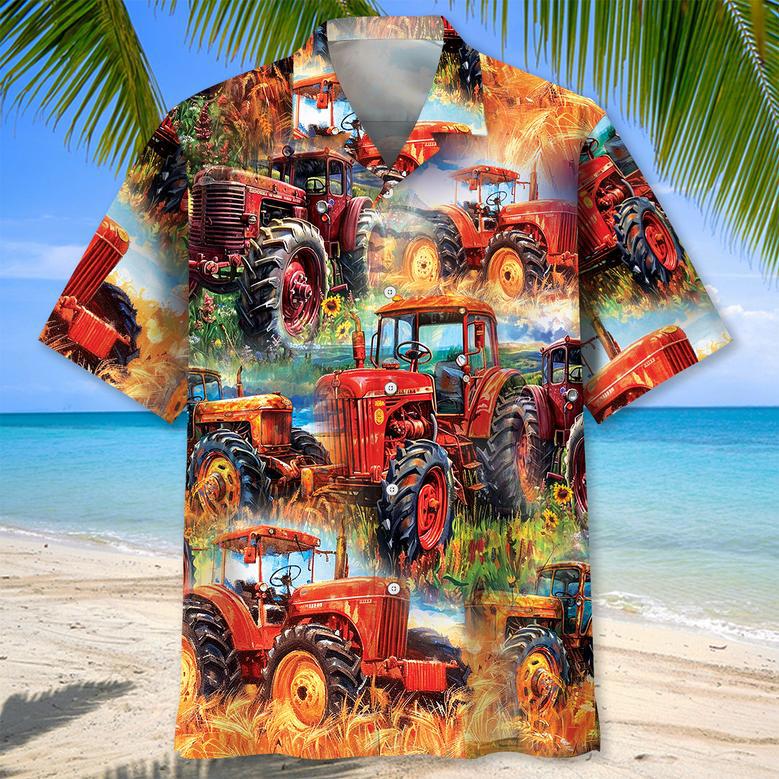 Green Tractor Red Flowers Tropical Hawaiian Shirt for Farmers, Men, Women Tractor Summer Beach Shirt