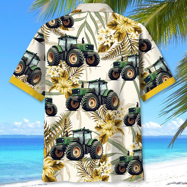 Green Tractor Red Flowers Tropical Hawaiian Shirt for Farmers, Men, Women Tractor Summer Beach Shirt