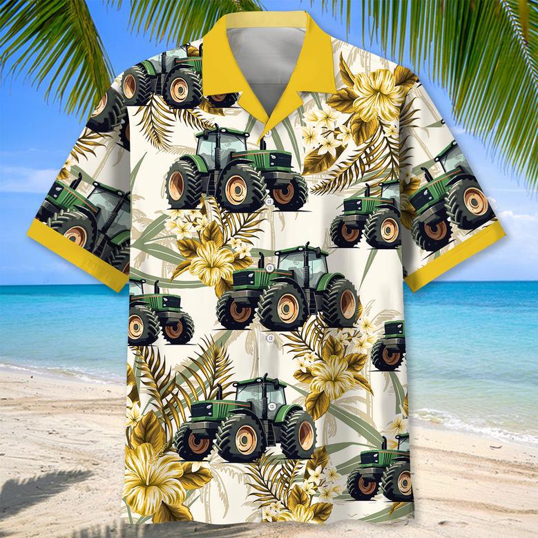 Green Tractor Red Flowers Tropical Hawaiian Shirt for Farmers, Men, Women Tractor Summer Beach Shirt