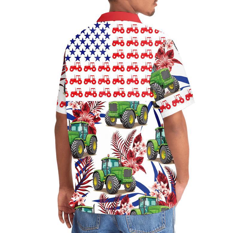 Green Tractor Red Flowers Tropical Hawaiian Shirt for Farmers, Men, Women Tractor Summer Beach Shirt