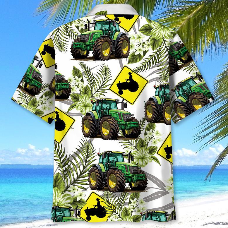 Green Tractor Retro Flowers Tropical Hawaiian Shirt for Farmers, Men, Women Tractor Summer Beach Shirt