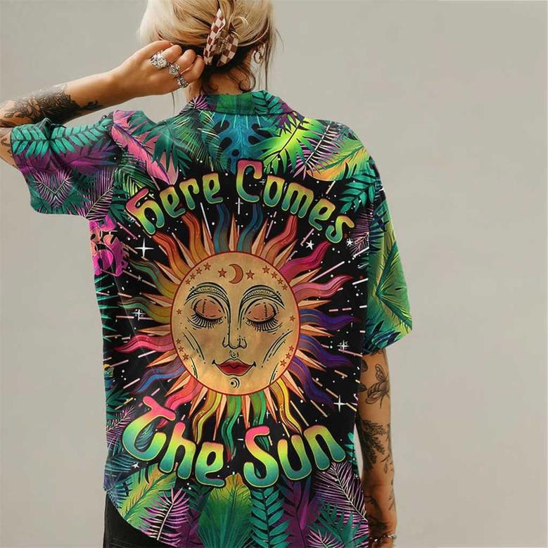 Here Come The Sun Tropical Hawaiian Shirt for Women, Hippie Girl Hawaiian Shirt