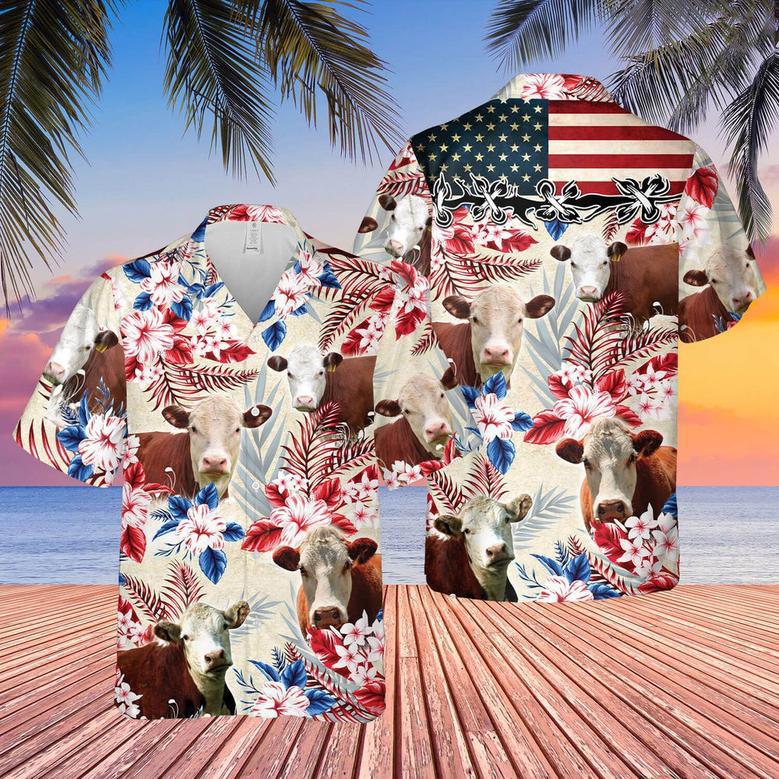 Hereford Cattle American Flag Flowers Hawaiian Shirt for Farmers Summer Vibes