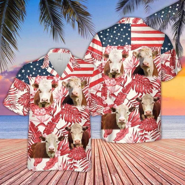 Hereford Cattle American Flag Flowers Hawaiian Shirt for Farmers Summer Vibes