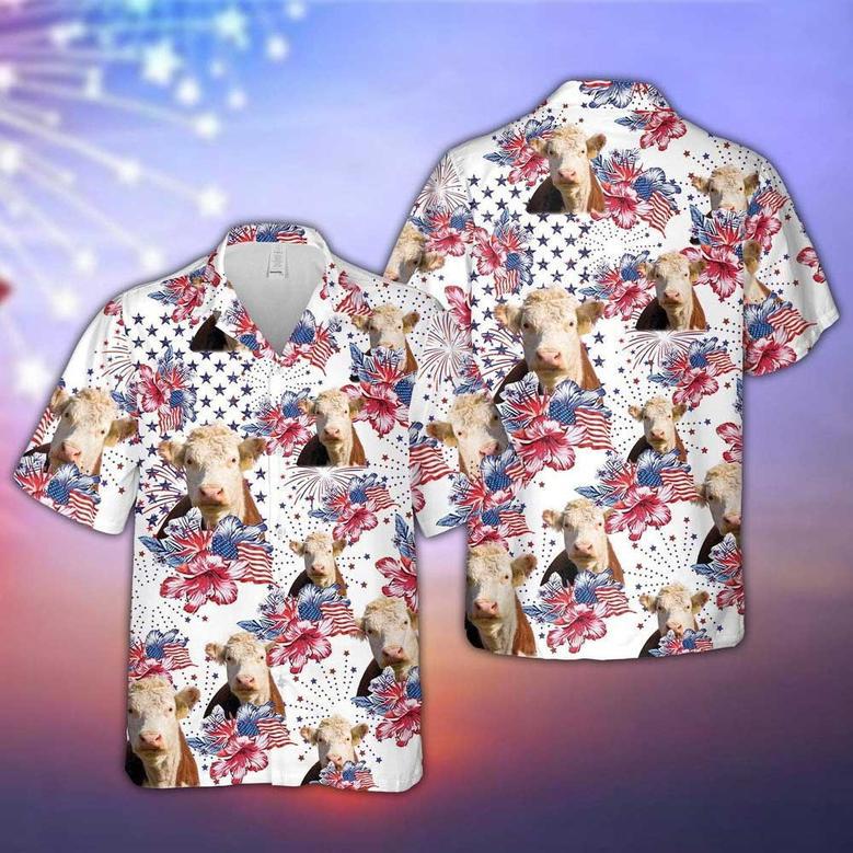 Hereford Cattle American Flag Flowers Hawaiian Shirt for Farmers Summer Vibes