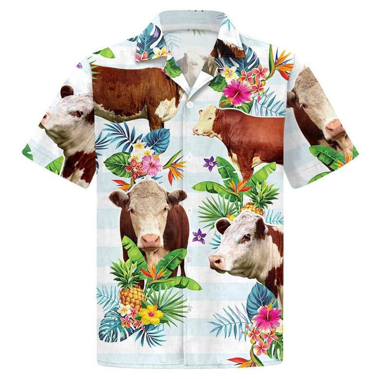 Hereford Cattle Hibiscus Pattern US Flag Hawaiian Shirt for Farmers