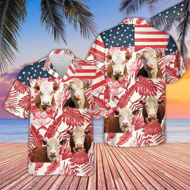 Hereford Cattle Hibiscus Pattern US Flag Hawaiian Shirt for Farmers