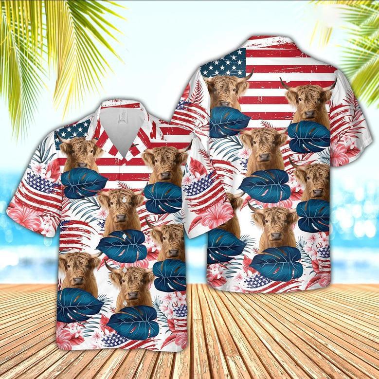 Highland Cattle American Flag Flowers Hawaiian Shirt for Farmers, Highland Cattle Lovers