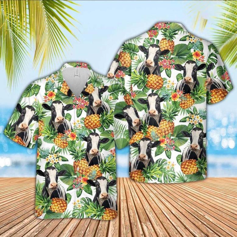 Holstein Cattle Blue Flower Pattern Hawaiian Shirt for Men, Women, Holstein Lovers