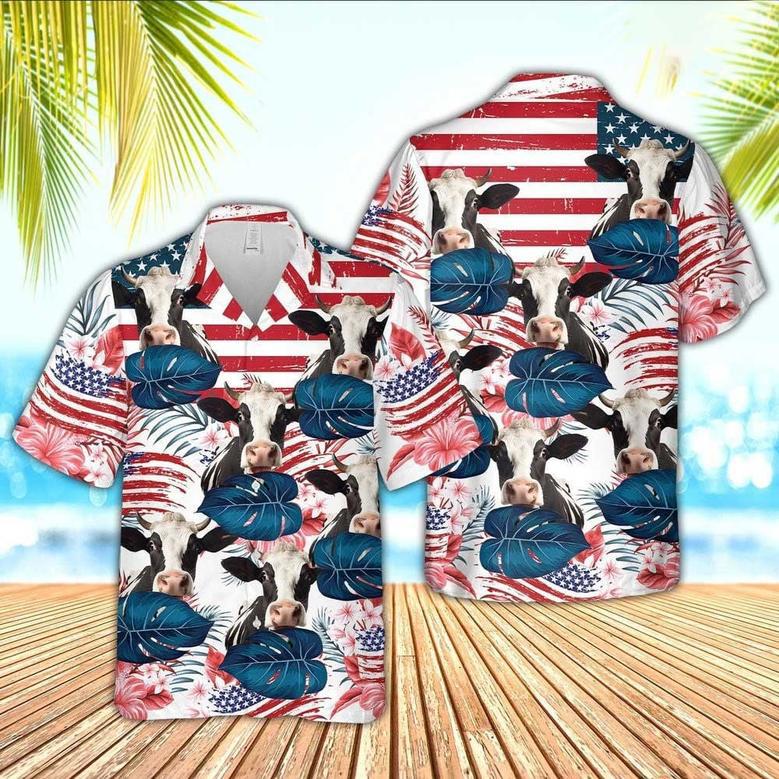 Holstein Red Floral US Flag Hawaiian Shirt for Women, Men, Holstein Farmers