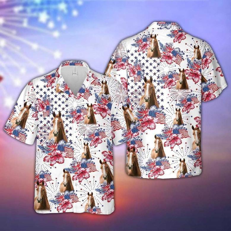 Horse Hibiscus Pattern US Flag Hawaiian Shirt for Horse Lovers, Men, Women