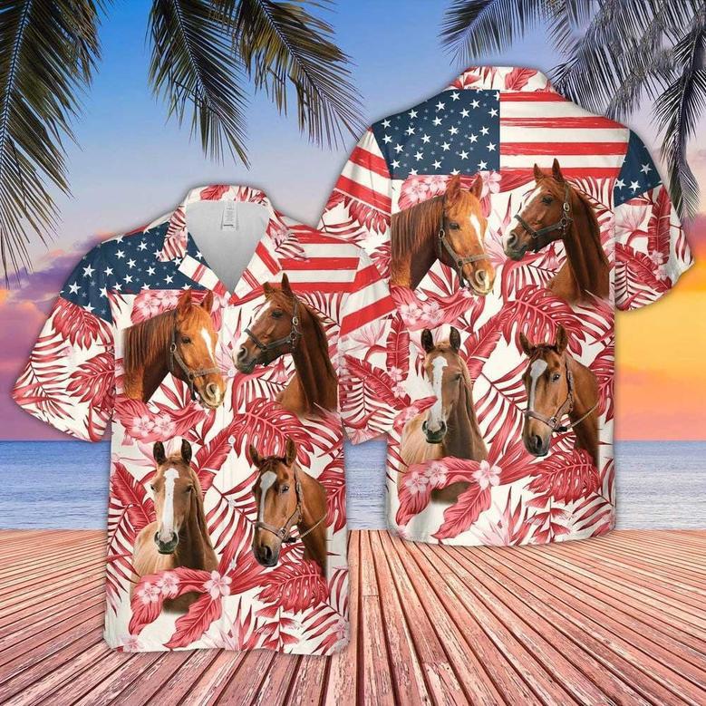 Horse Hibiscus Pattern US Flag Hawaiian Shirt for Horse Lovers, Men, Women