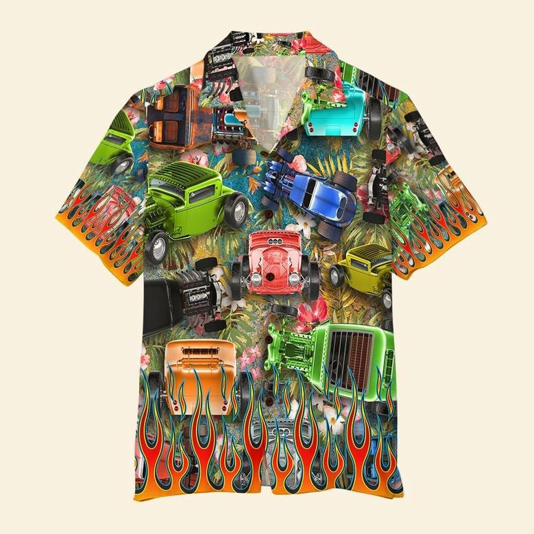 Hot Rod Hawaiian Shirt Colorful Racing Cars Theme