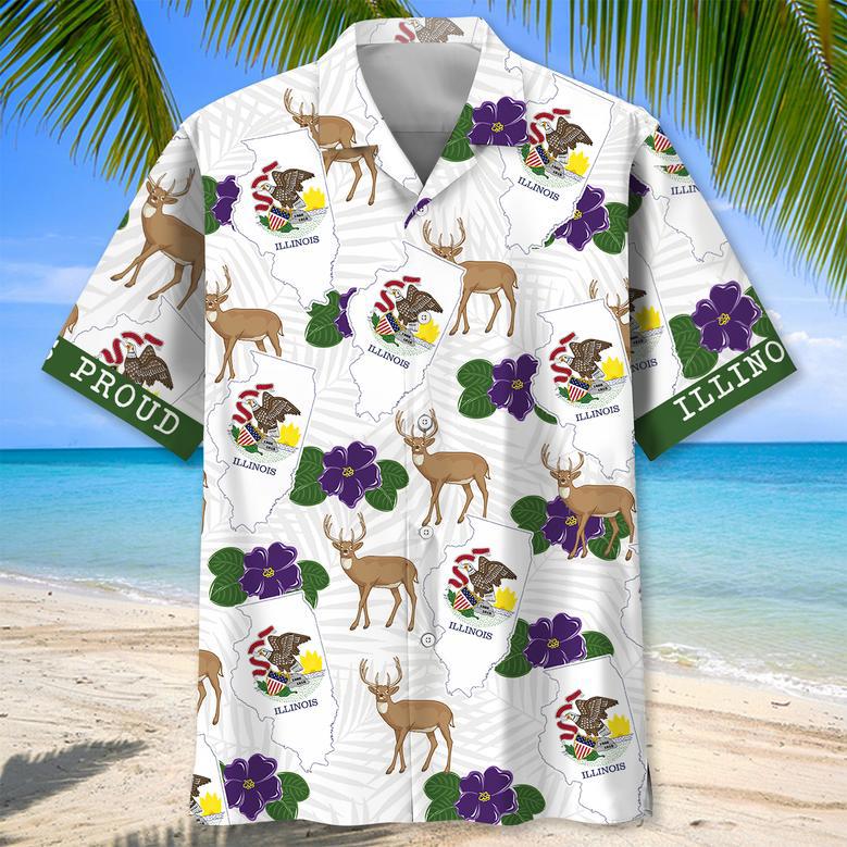 Illinois Deer Proud Hawaiian Shirt for Men, Women, Illinois State Flag Hawaiian Summer Beach Shirt