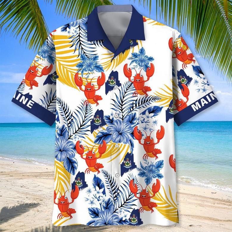 Maine State Lobster Tropical Hawaiian Shirt for Men, Women, Maine State Flag Hawaiian Summer Beach Shirt