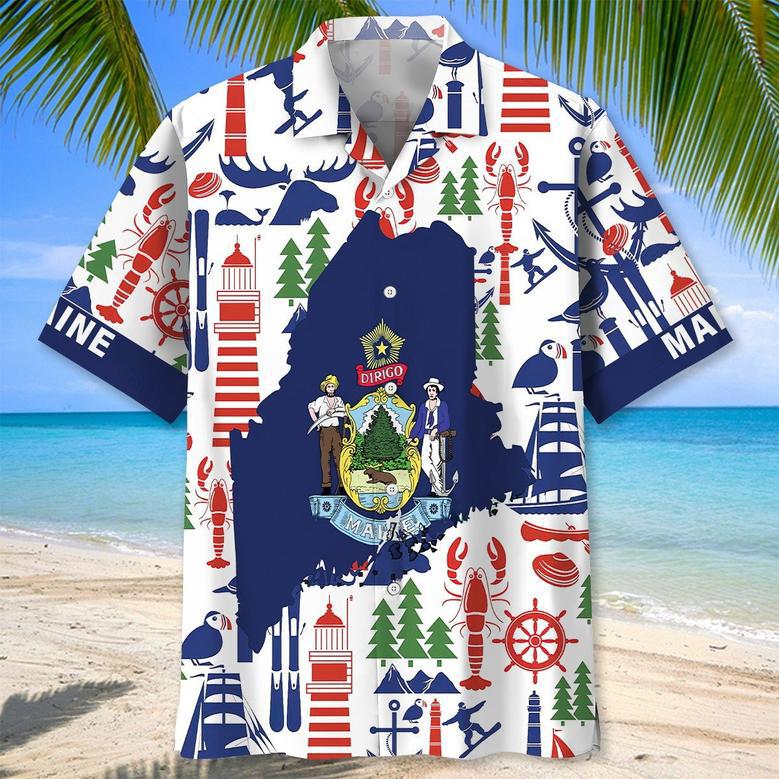 Maine State Proud Hawaiian Shirt for Men, Women, Maine State Flag Hawaiian Summer Beach Shirt