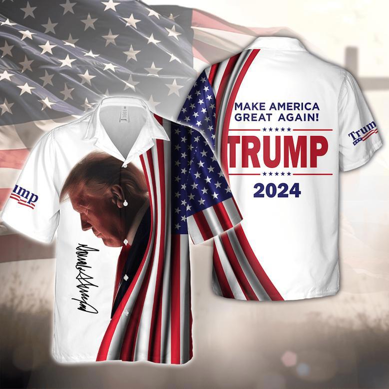 Make America Great Again Trump Signature Hawaii Shirt, US Flag Trump Hawaiian Shirt