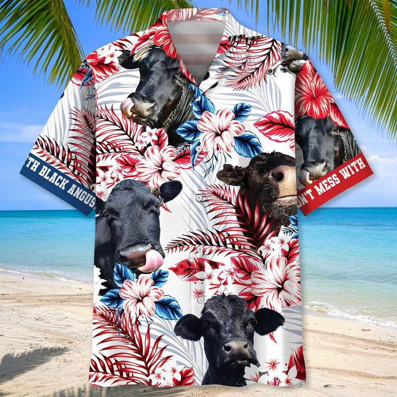 Personalized Black Angus American Flag Flowers Hawaiian Shirt for Farmers