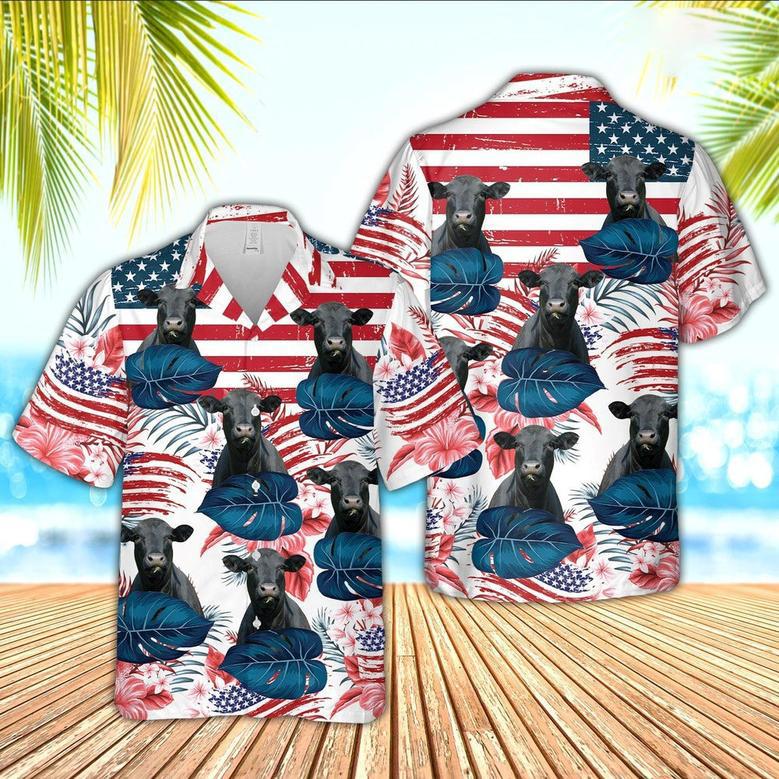 Personalized Black Angus American Flag Flowers Hawaiian Shirt for Farmers