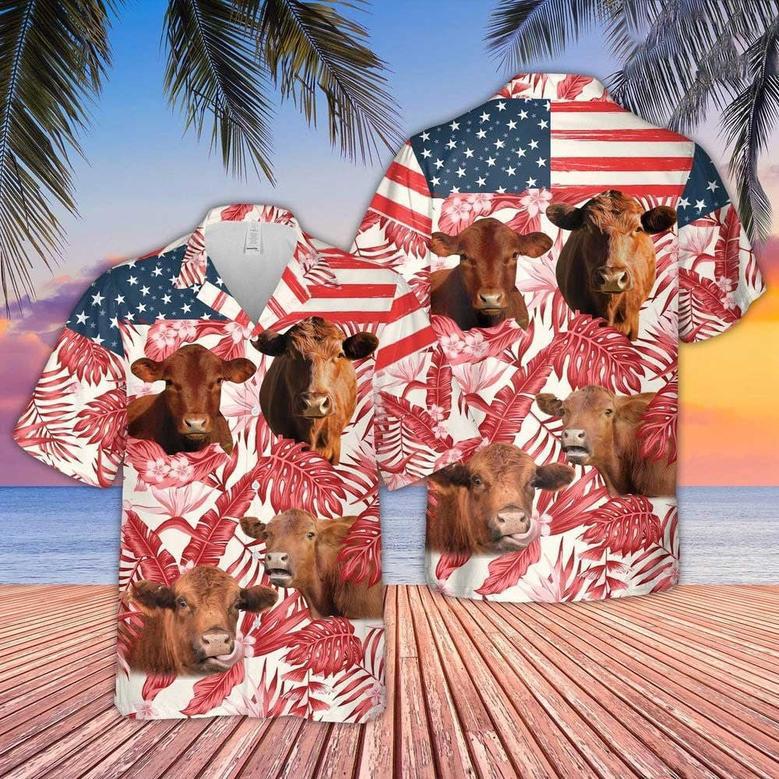 Red Angus Cattle American Flag Flowers Hawaiian Shirt for Farmers, Men, Women