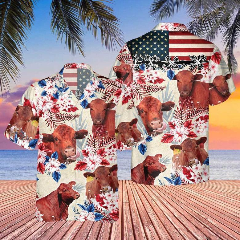 Red Angus Cattle Hibiscus Pattern US Flag Hawaiian Shirt for Men, Women, Red Angus Lovers