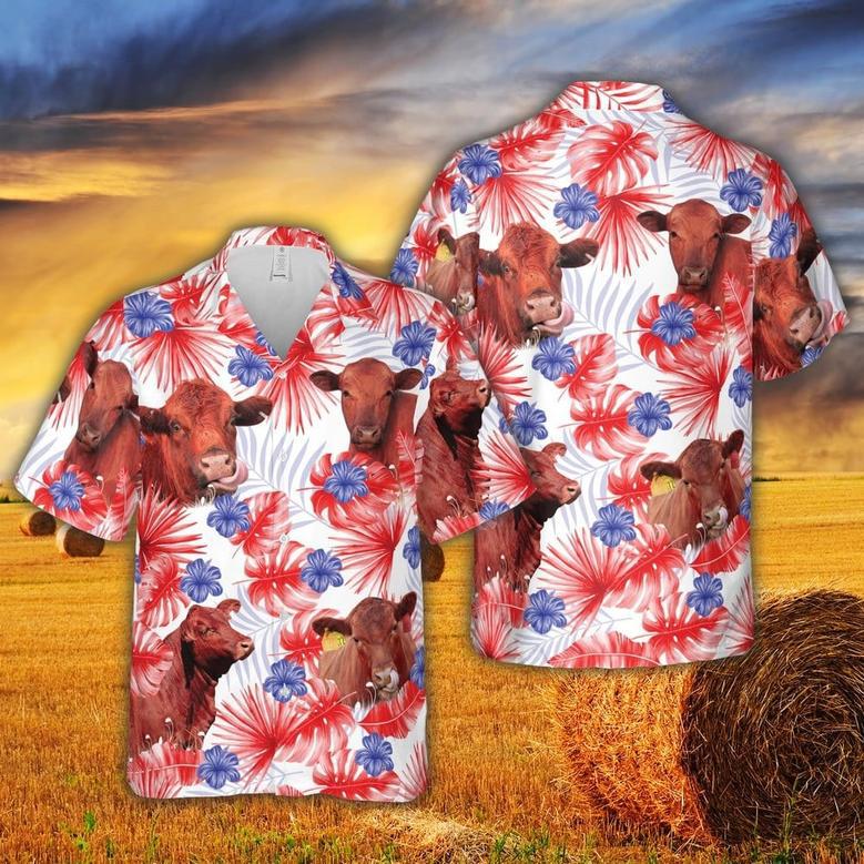 Red Angus Red Floral US Flag Hawaiian Shirt for Women, Men, Red Angus Lovers